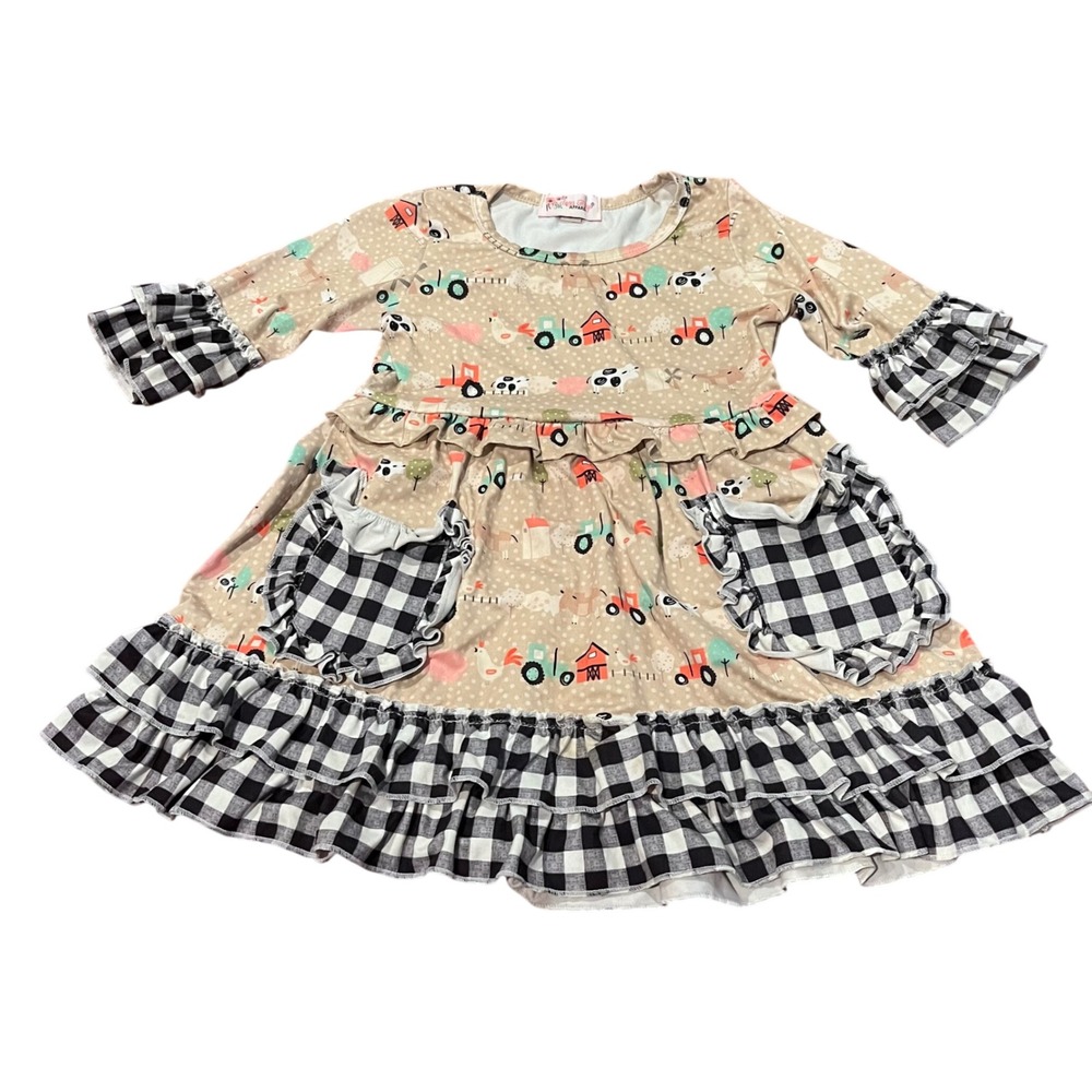 Clover Cottage Apparel Girls 4T Farm Tractor Cow Print Ruffle Plaid Dress Tan